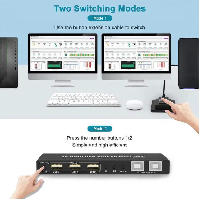 Alt view image 5 of 7 - BUCIER Dual Monitor KVM Switch 2 Port 4K@60Hz, 2 in 2 Out with Audio, 3 USB 2.0 Hub, Black, Toggle Switch, ON-NONE-ON Operation