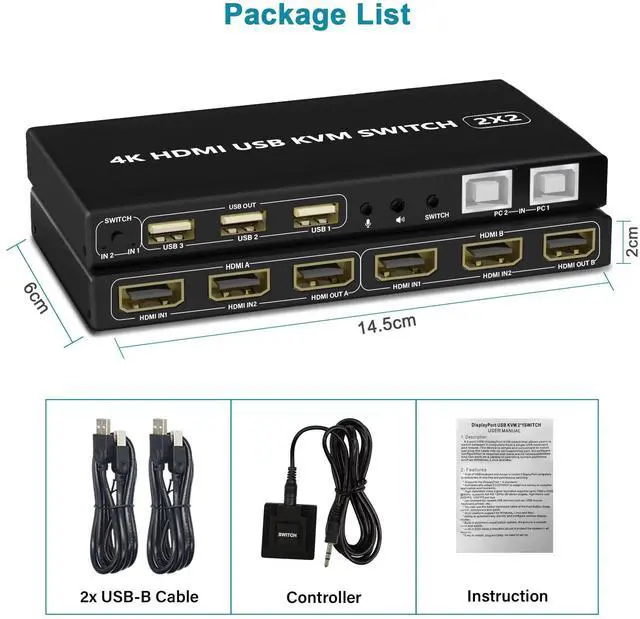 Alt view image 7 of 7 - BUCIER Dual Monitor KVM Switch 2 Port 4K@60Hz, 2 in 2 Out with Audio, 3 USB 2.0 Hub, Black, Toggle Switch, ON-NONE-ON Operation