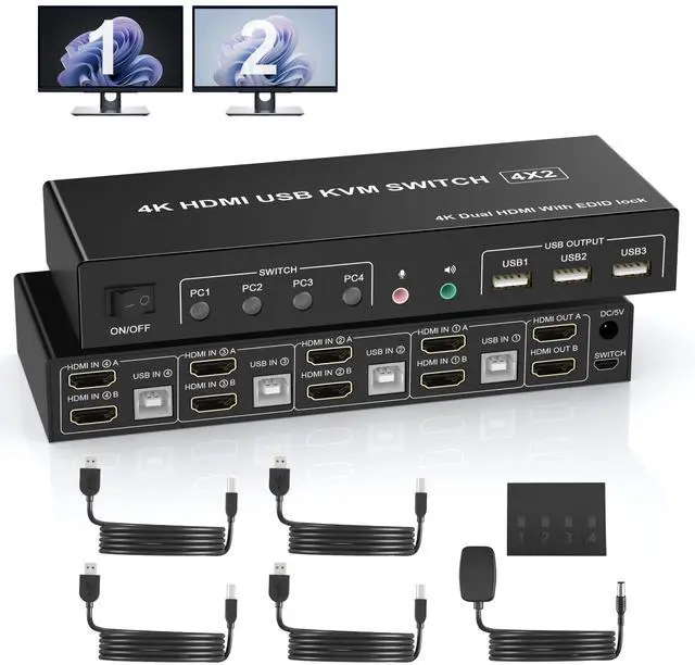 Main image of BUCIER 4 Port HDMI Dual Monitor KVM Switch, Supports EDID, 4K 60Hz KVM Switch 2 Monitors 4 Computers, with Audio Microphone Output and 3 USB 2.0 Ports, PC Monitor Keyboard Mouse Switcher for 4 PCs