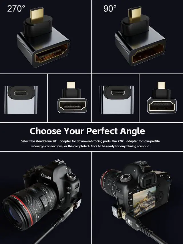 Alt view image 2 of 7 - BUCIER 8K Right Angle HDMI Adapter 90 Degree, Male to Female Fixed Micro HDMI Connector for Camera Camcorder - 8K@60Hz 4K@120Hz