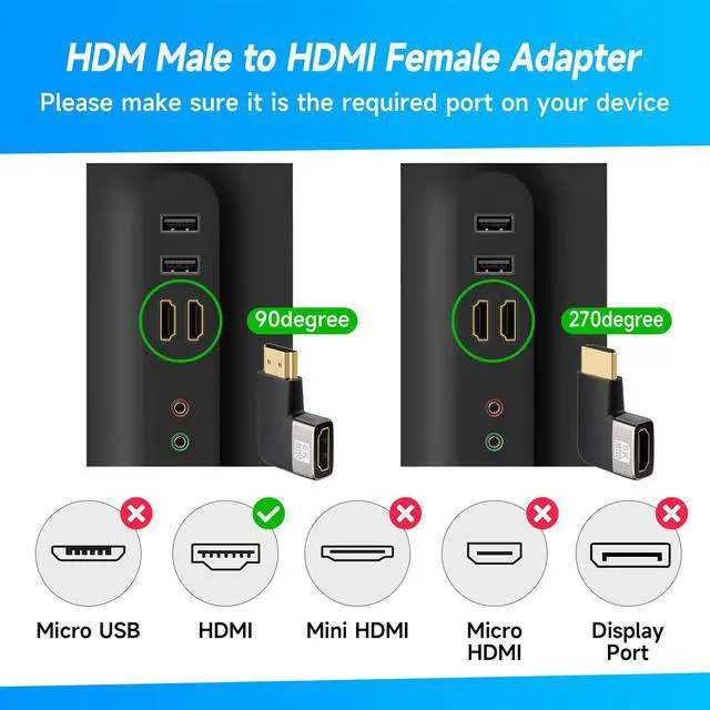 Alt view image 2 of 5 - BUCIER 8K HDMI Flat 90 Degree and 270 Degree Gold Plated Adapter 2 Pack, Right Angle HDMI Male to Female Vertical Flat Adapter HDMI L Shape Extender, Supports 8K@60Hz4K@120Hz, for HDTV, Xbox One