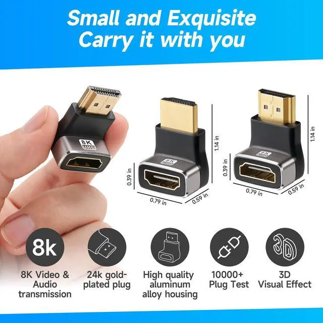 Alt view image 3 of 6 - 8K 90 Degree HDMI 2.1 Adapter 2 Pack, (Up and Down) Right Angle HDMI Male to Female HDMI L-Shaped Connector Extender Support 8K@60Hz,4K@120Hz for Google Chrome Cast, Roku Stick, Wall TV, Laptop and PC
