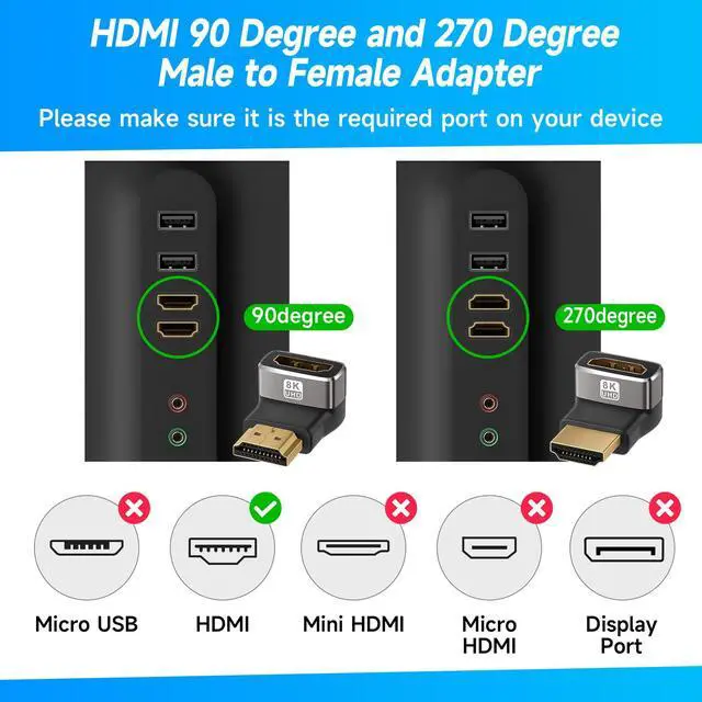 Alt view image 2 of 6 - 8K 90 Degree HDMI 2.1 Adapter 2 Pack, (Up and Down) Right Angle HDMI Male to Female HDMI L-Shaped Connector Extender Support 8K@60Hz,4K@120Hz for Google Chrome Cast, Roku Stick, Wall TV, Laptop and PC