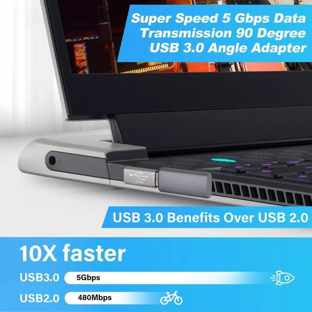 Alt view image 3 of 5 - 90 Degree USB 3.0 Adapter 2 Pack, Middle (Left and Right) Angle USB-A Male to Female Connector USB L Shape Extender, Support Charge & Data Sync for PC, Laptop, Mouse, Keyboard, USB A Car Charger