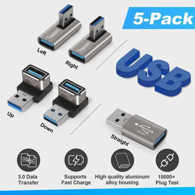 Alt view image 2 of 7 - Angle USB 3.0 Adapter 10 Pack, Multiple Angles(UP/Down/Left/Right/Straight),USB A Male to Female Connector Converter USB L Shape Extender, Support Charge & Data Sync for PC, Laptop, Mouse, Keyboard