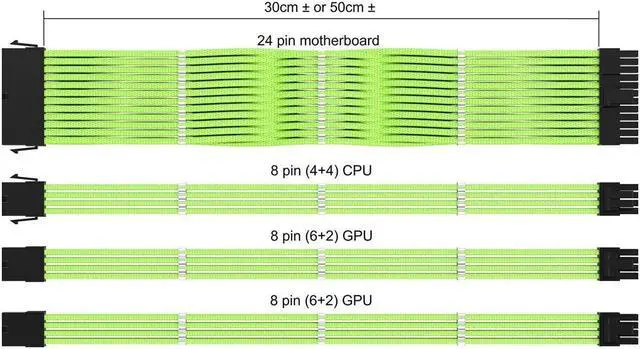 Alt view image 4 of 4 - PSU Cable Extension Sleeved Custom Mod GPU PC Power Supply Braided w/Comb Kit | 1x 24 P (20+4) | 1x 8 P (4+4) CPU | 2X 8 P (6+2) GPU Set | 30CM 300MM - Green