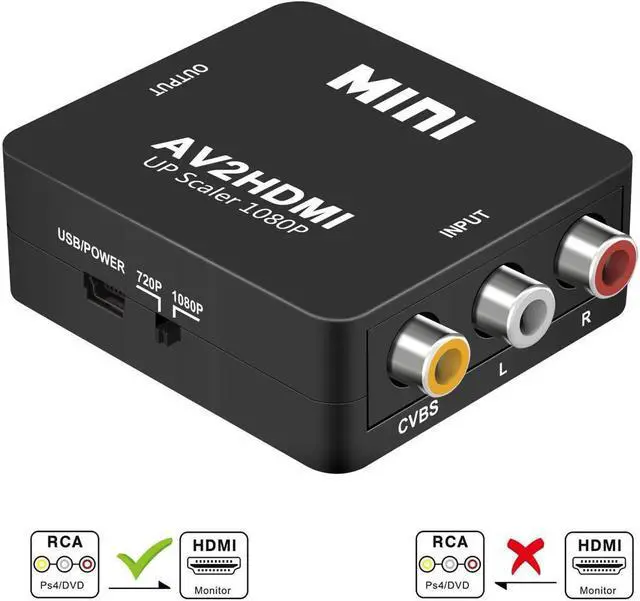 Main image of RCA to HDMI, AV to HDMI Converter, 1080P Mini RCA Composite CVBS AV to HDMI Video Audio Converter, with USB Power Cable for PC Laptop Xbox PS4 TV STB VHS VCR Camera DVD Supporting PAL/NTSC