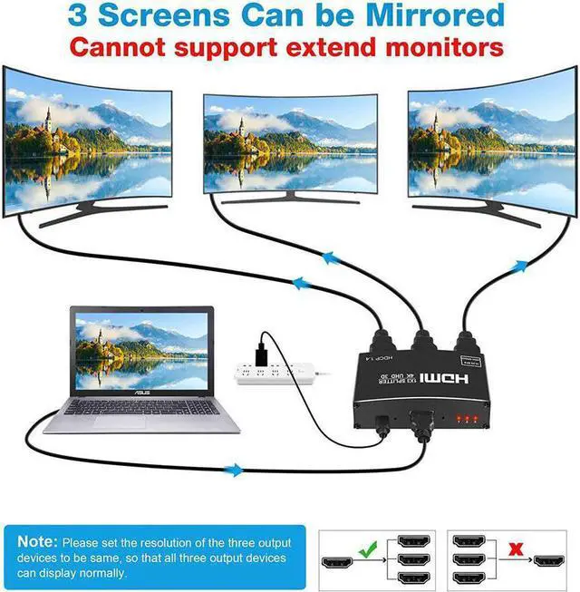 Alt view image 4 of 6 - NEWCARE 4K HDMI Splitter 1 in 3 Out, 1×3 HDMI Splitter Support 4Kx2K, 1080P, 3D, HDR, DTS/Doby-TrueHD for Xbox PS5/4 Fire Stick Roku Blu-Ray Player Apple TV,NOT Supported Extend(HDMI Cable Included)