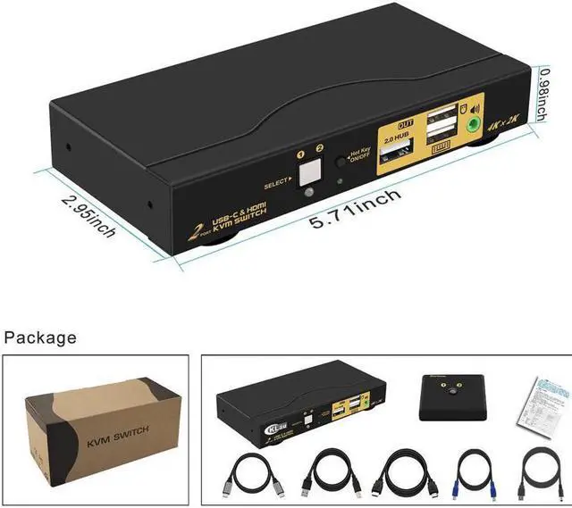 Alt view image 5 of 7 - 4K@60Hz 2 Port KVM HDMI + USB-C with Audio and Cables, HDMI KVM Switch USB C for 2 Mac/Computers/Mobile Phone Sharing Monitor Keyboard Mouse