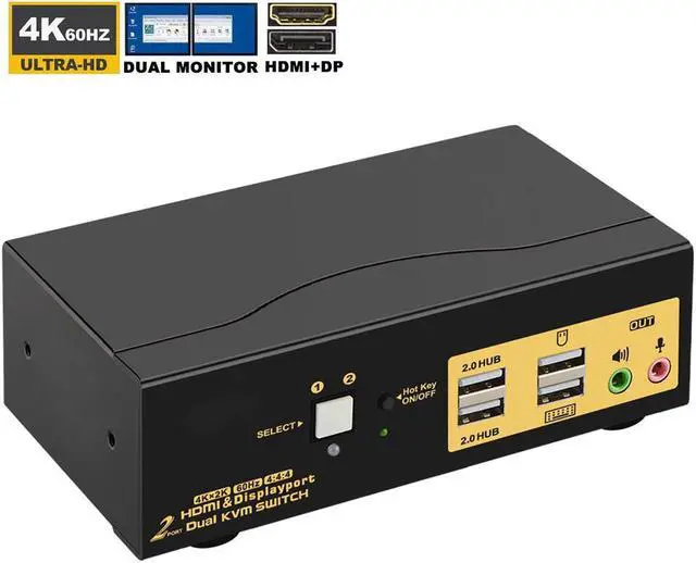 Alt view image 2 of 7 - 2 Port Dual Monitor KVM Switch HDMI + DisplayPort 4K 60Hz, 2x2 PC Monitor Keyboard Mouse Selector with Audio and 2 USB 2.0 HUB
