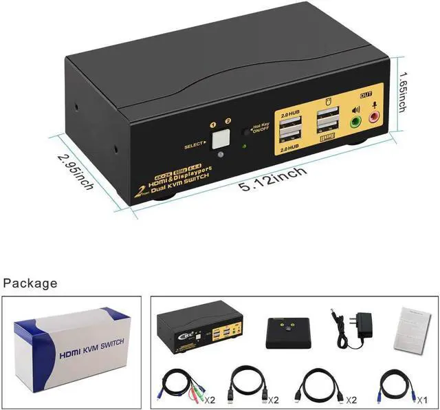 Alt view image 7 of 7 - 2 Port Dual Monitor KVM Switch HDMI + DisplayPort 4K 60Hz, 2x2 PC Monitor Keyboard Mouse Selector with Audio and 2 USB 2.0 HUB