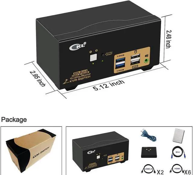 Alt view image 7 of 7 - USB 3.0 HDMI KVM Switch Triple Monitor 2 Port Extended Display 4K 60Hz with Cables and Audio 923HUA-3