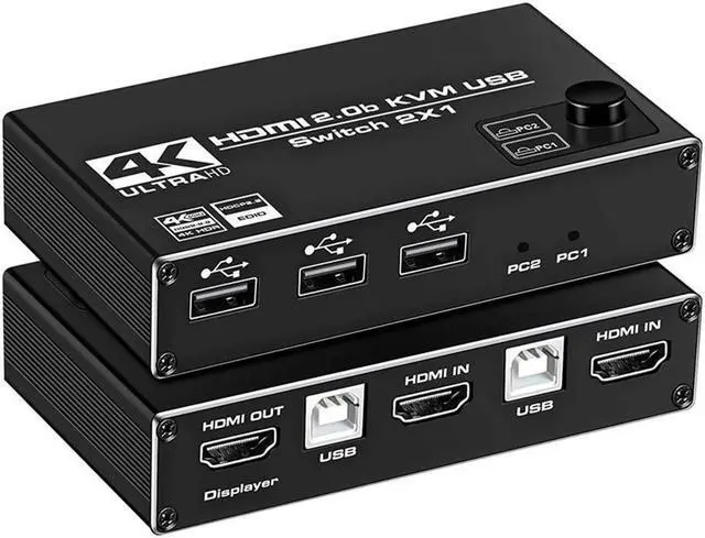 Main image of HDMI KVM Switch, 4K@60Hz 2x1 HDMI2.0 Ports + 3X USB KVM Ports, Share 2 Computers to one UHD Monitor, Support Wireless Keyboard and Mouse, USB Disk, Printer, USB Camera (Included 2 USB Cable)