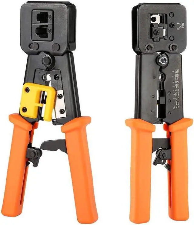 Alt view image 5 of 6 - RJ45 Crimp Tool Pass Through Cat5 Cat5e Cat6 Crimping Tool for RJ45/RJ12 Regular and End-Pass-Through CAT5e Connectors with 50PCS Connectors, 50PCS Covers and Network Wire Stripper