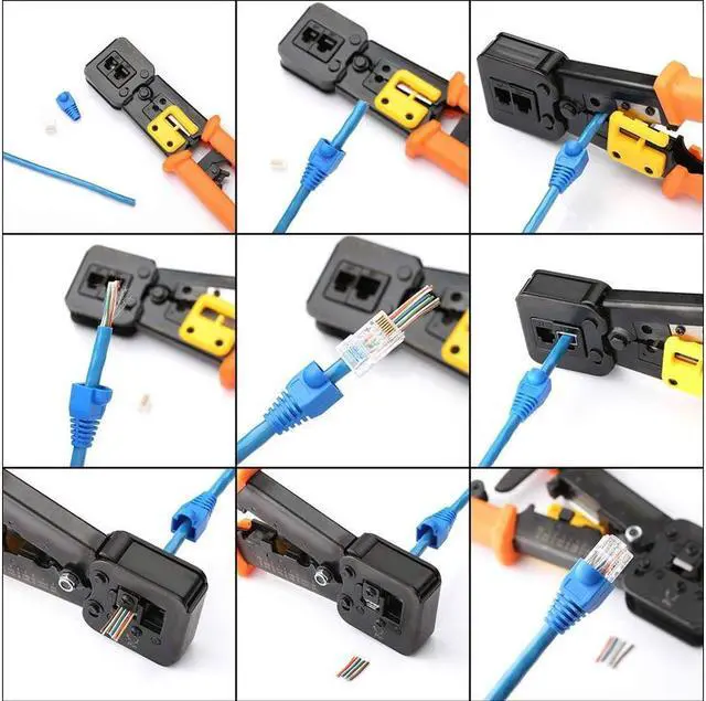 Alt view image 6 of 6 - RJ45 Crimp Tool Pass Through Cat5 Cat5e Cat6 Crimping Tool for RJ45/RJ12 Regular and End-Pass-Through CAT5e Connectors with 50PCS Connectors, 50PCS Covers and Network Wire Stripper