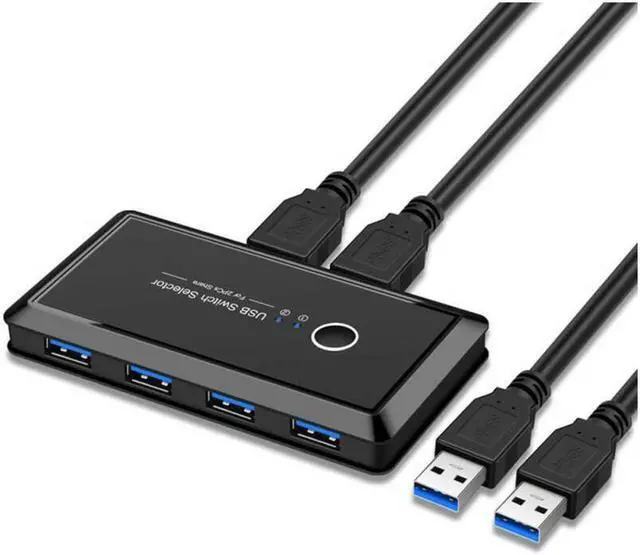 Main image of USB Sharing Switch for 2 Computers Sharing 4 USB 3.0 Ports, KVM Switches Adapter Hub for PC, Printer, U-disk, Mouse, Keyboard with One Button Swapping and 2 USB3.0 Cable, Black