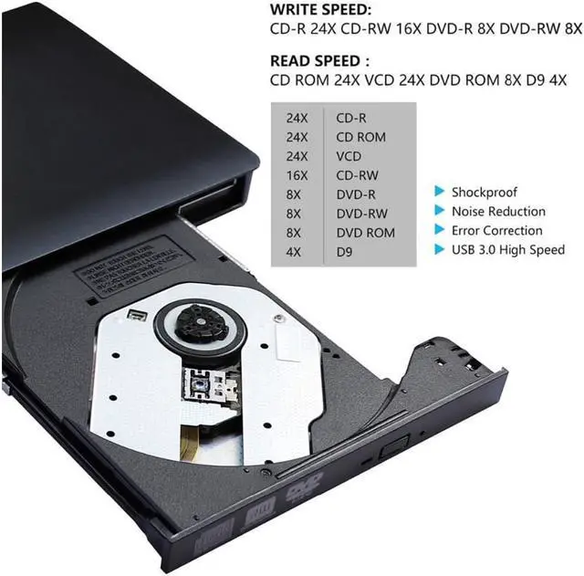 Alt view image 4 of 7 - External Optical CD Drive, USB 3.0 Portable CD/DVD +/-RW Slim DVD/CD ROM Rewriter Burner Reader Player For Laptop Desktop PC dvd burner dvd portatil Windows Linux OS Apple Mac