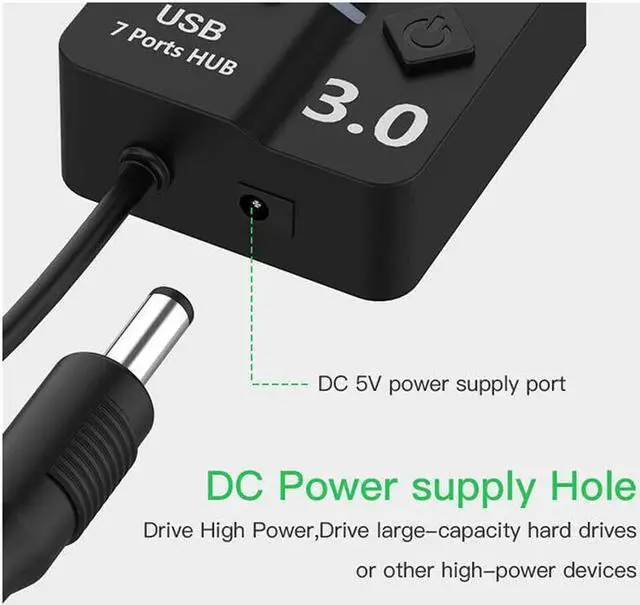 Alt view image 6 of 7 - USB 3.0 Hub, DEFEILIN 7 Port Powered USB Hub Expander Aluminum USB 3.0 Data Port hub with Universal 5V AC Adapter and Individual On/Off Switches USB Splitter for Laptop and PC(Black)