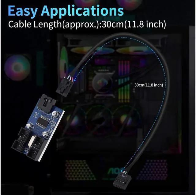 Alt view image 4 of 7 - 9 Pin 2 in 1 Internal USB Splitter Cable, 9 pin USB Header Male 1 to 2 Female Extension Connector Adapter, USB 2.0 HUB Connector Port Multiplier PWM Fan Splitter Cable (30cm/0.98ft)