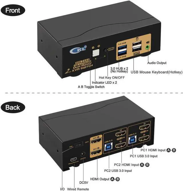 Alt view image 3 of 7 - CKL USB 3.0 HDMI KVM Switch Dual Monitor 2 Port Extended Display 4K 60Hz with Cables and Audio 922HUA-3