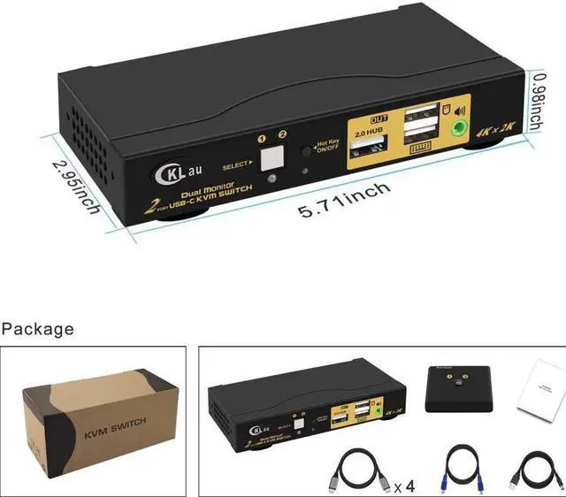 Alt view image 7 of 7 - CKLau 4K@60Hz 2 Port USB C KVM Switch Dual Monitor, USB-C KVM Switch 2 Monitors with Audio, USB 2.0 Hub and Cables