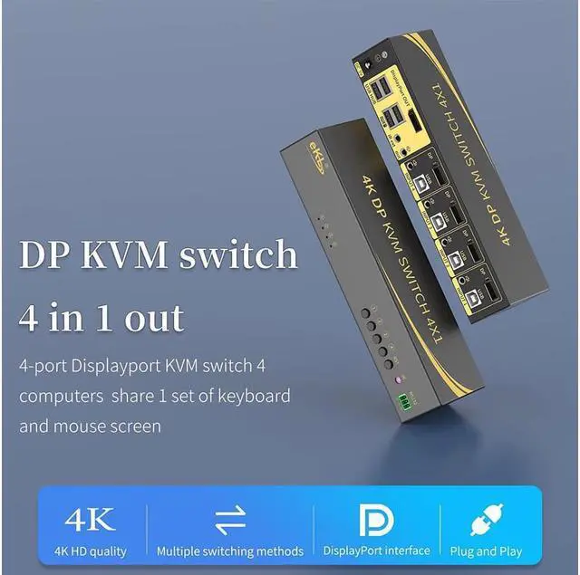 Alt view image 2 of 5 - eKL KVM Switch Displayport 4 Port DP 1.2 4x1 Supports 4K@60Hz 4:4:4 hotkey Switching Keyboard Mouse Audio with USB 2.0 Control up to 4 PCs