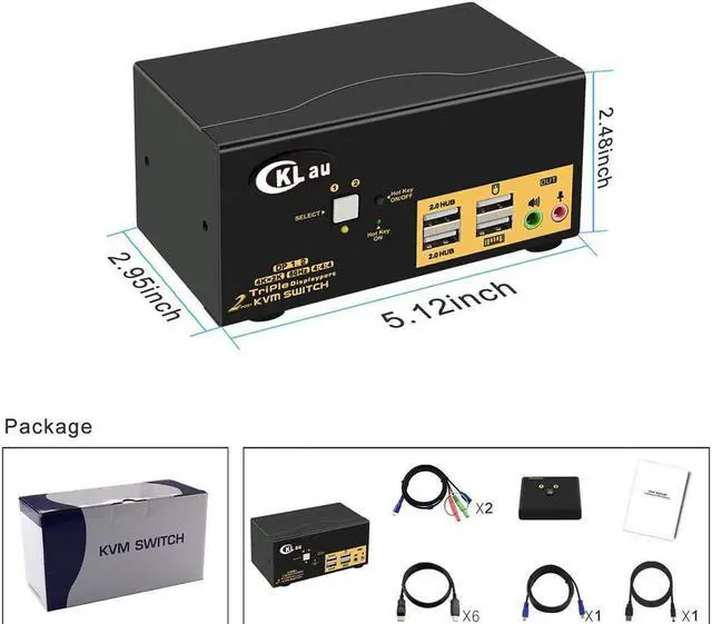 Alt view image 2 of 6 - CKLau Dual Port Triple Monitor KVM Switch Displayport with Audio Output, USB 2.0 Hub and Cables Support Extended Display Resolution Up to 4096x2160@60Hz 4:4:4