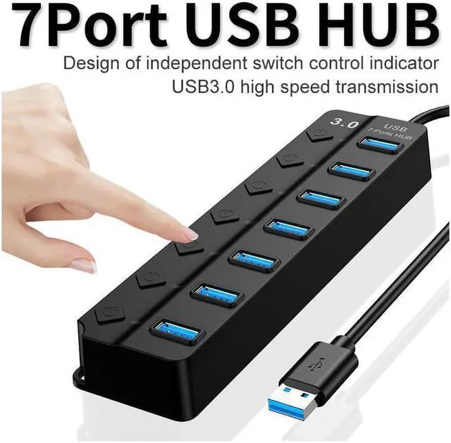 Alt view image 5 of 7 - USB 3.0 Hub, DEFEILIN 7 Port Powered USB Hub Expander Aluminum USB 3.0 Data Port hub with Universal 5V AC Adapter and Individual On/Off Switches USB Splitter for Laptop and PC(Black)