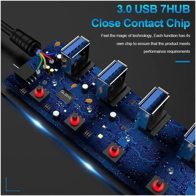 Alt view image 7 of 7 - USB 3.0 Hub, DEFEILIN 7 Port Powered USB Hub Expander Aluminum USB 3.0 Data Port hub with Universal 5V AC Adapter and Individual On/Off Switches USB Splitter for Laptop and PC(Black)