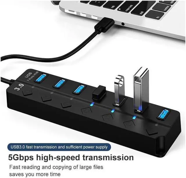 Alt view image 3 of 7 - USB 3.0 Hub, DEFEILIN 7 Port Powered USB Hub Expander Aluminum USB 3.0 Data Port hub with Universal 5V AC Adapter and Individual On/Off Switches USB Splitter for Laptop and PC(Black)