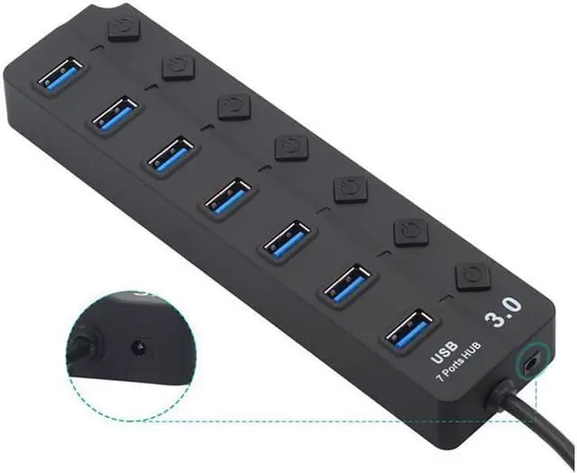 Alt view image 3 of 3 - 7 port usb3.0 hub independent key switch USB3.0 hub splitter one drag seven extender with power supply