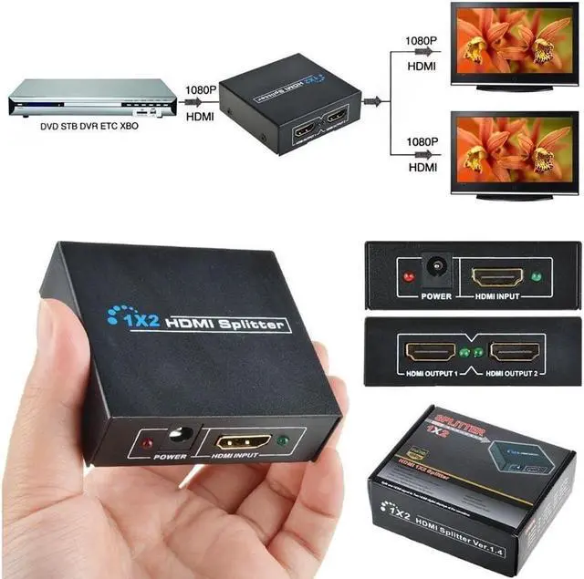 Alt view image 4 of 4 - New Full HD 1x2 Port HDMI Splitter Amplifier Repeater 3D 1080p Female Switch Box Hub