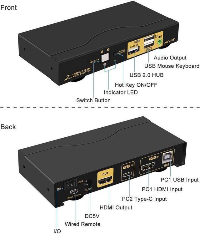 Alt view image 4 of 7 - 4K@60Hz 2 Port KVM HDMI + USB-C with Audio and Cables, HDMI KVM Switch USB C for 2 Mac/Computers/Mobile Phone Sharing Monitor Keyboard Mouse