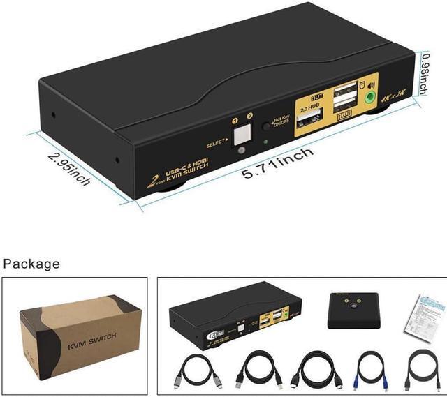Alt view image 7 of 7 - 4K@60Hz 2 Port KVM HDMI + USB-C with Audio and Cables, HDMI KVM Switch USB C for 2 Mac/Computers/Mobile Phone Sharing Monitor Keyboard Mouse