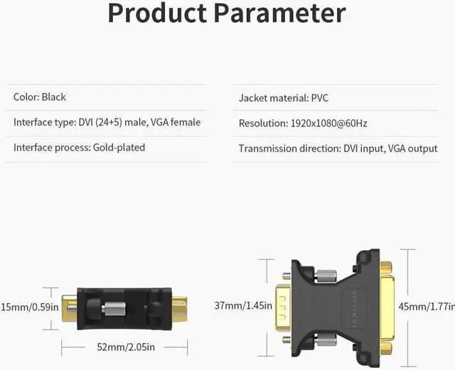 Alt view image 2 of 5 - DVI to VGA Adapter DVI 24+5 Male to VGA Female Converter 1080P HD Gold-plated Adapter for PC Displayer Projector