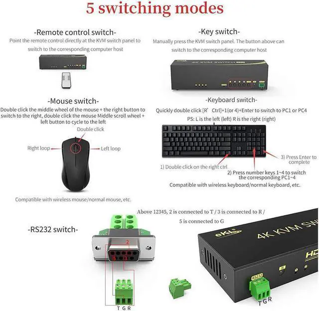 Alt view image 4 of 6 - HDMI KVM Switch 4 in 2 Out Dual Monitor Extended Display 4K @60Hz 4:4:4 with Audio and USB 2.0 Hub Sharing PC Monitor Keyboard Mouse Switcher