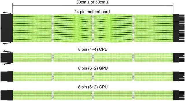 Alt view image 2 of 4 - PSU Cable Extension Sleeved Custom Mod GPU PC Power Supply Braided w/Comb Kit | 1x 24 P (20+4) | 1x 8 P (4+4) CPU | 2X 8 P (6+2) GPU Set | 30CM 300MM - Green