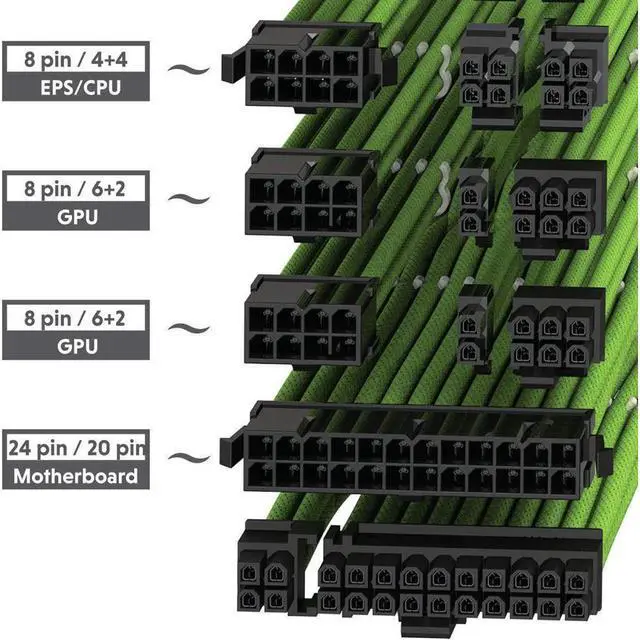 Alt view image 3 of 4 - PSU Cable Extension Sleeved Custom Mod GPU PC Power Supply Braided w/Comb Kit | 1x 24 P (20+4) | 1x 8 P (4+4) CPU | 2X 8 P (6+2) GPU Set | 30CM 300MM - Green