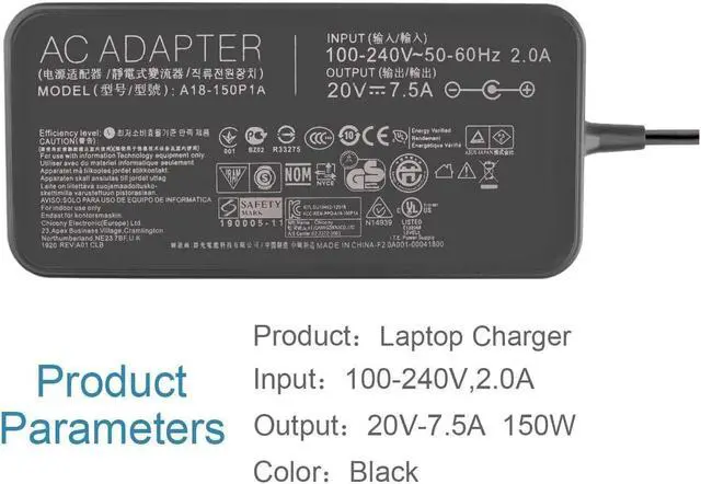 Alt view image 4 of 7 - New 150W 20V 7.5A Charger for ADP-150CH B A18-150P1A Asus Rog G531GT G731GT FX505GT FX705GT FX505DD FX505DT FX505DU FX705DD FX705DT FX705DU