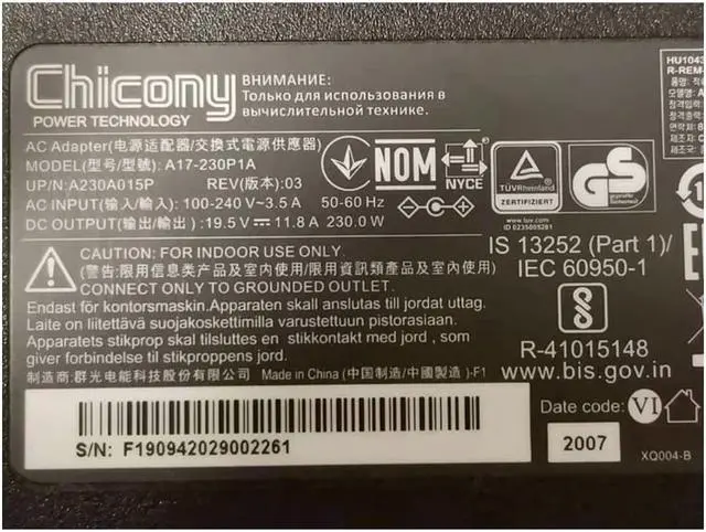 Alt view image 2 of 2 - Chicony A17-230P1A 19.5V 11.8A 230W A230A015P AC Adapter For Hasee MSI Laptop Power Supply Charger