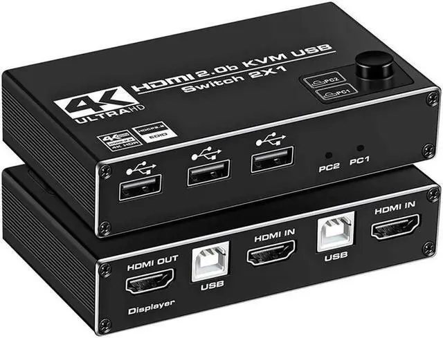 Main image of HDMI KVM Switch, 4K@60Hz 2x1 HDMI2.0 Ports + 3X USB KVM Ports, Share 2 Computers to one UHD Monitor, Support Wireless Keyboard and Mouse, USB Disk, Printer, USB Camera (Included 2 USB Cable)