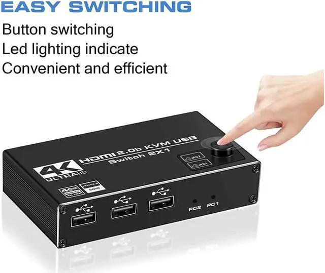 Alt view image 2 of 7 - HDMI KVM Switch, 4K@60Hz 2x1 HDMI2.0 Ports + 3X USB KVM Ports, Share 2 Computers to one UHD Monitor, Support Wireless Keyboard and Mouse, USB Disk, Printer, USB Camera (Included 2 USB Cable)