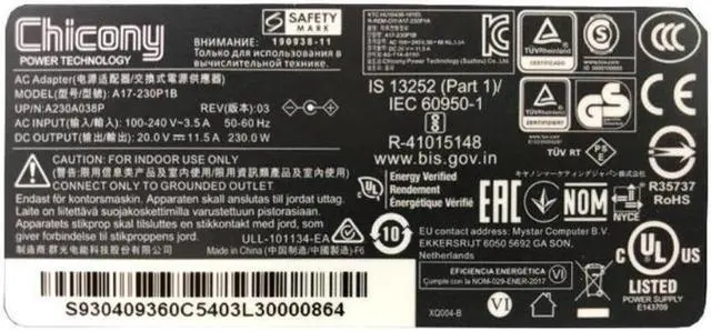 Alt view image 2 of 2 - 20V 11.5A 230.0W 5.5x2.5mm Chicony A17-230P1B A230A038P Power Supply AC Adapter For MSI 230W Gaming Laptop Charger