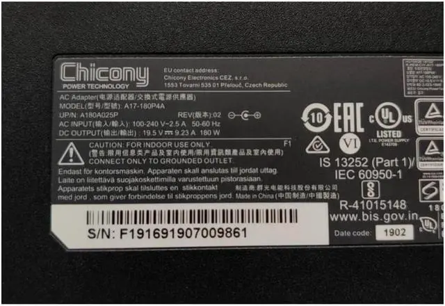 Alt view image 2 of 2 - Chicony 19.5V 9.23A 180W Charger A17-180P4A AC Power Adapter For CLEVO P950HR N850HP6 MSI GS63VR GE72VR GS65 A15-180P1A