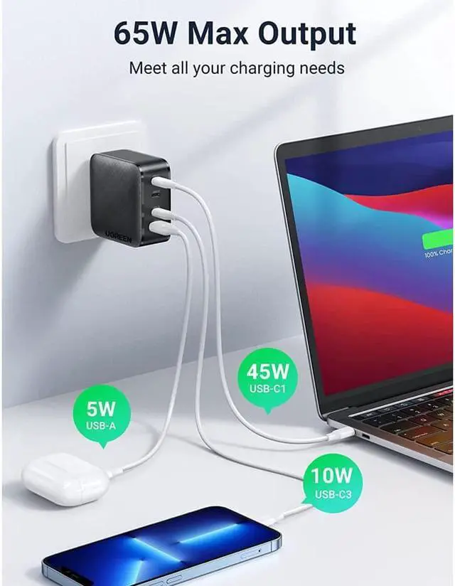 Alt view image 5 of 7 - UGREEN 65W Multiport USB C Wall Charger, 4 Port USB Charging Station PPS Fast Charger Adapter Compatible for MacBook Pro/Air, Dell XPS 13, iPad, iPhone 13/13 Mini/13 Pro Max/12, Galaxy S21/S20, Pixel
