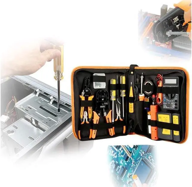 Alt view image 3 of 3 - Computer Tool Kits - Professional 17 in 1 Network Cable Maintenance Tools - RJ45/RJ11/8P8C Connectors, LAN/Cat5e/Cat6 Cable Tester, Soldering Iron, Ethernet Stripping/Crimp Pliers Tool kit