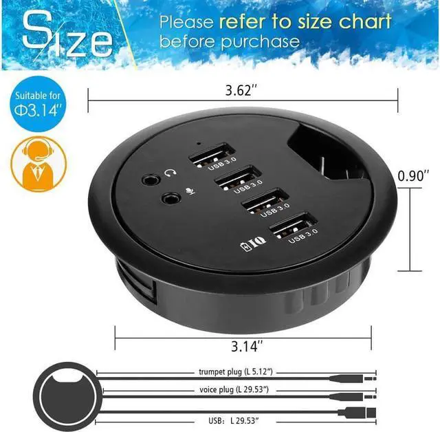 Alt view image 2 of 7 - WDX Desk-Fit (Diameter 3.14" or 80MM) 4 Port USB 3.0 Hub with 3.5mm Audio Mic Phone Jack/BC 1.2 USB Charger, 5V/2A Power Adapter for iPhone/Smart Phones(usb3.0 4 Port)