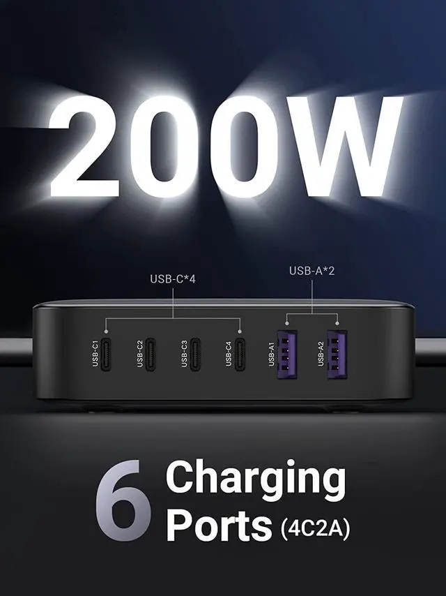 Alt view image 2 of 7 - UGREEN Nexode 200W USB C Desktop Charger, 6 Ports GaN PD Fast Charger with 3FT USB C to C Charging Cable Compatible with MacBook Pro/Air, iPad, iPhone 14/14 Pro Max, Galaxy, Pixel, Steam Deck and More