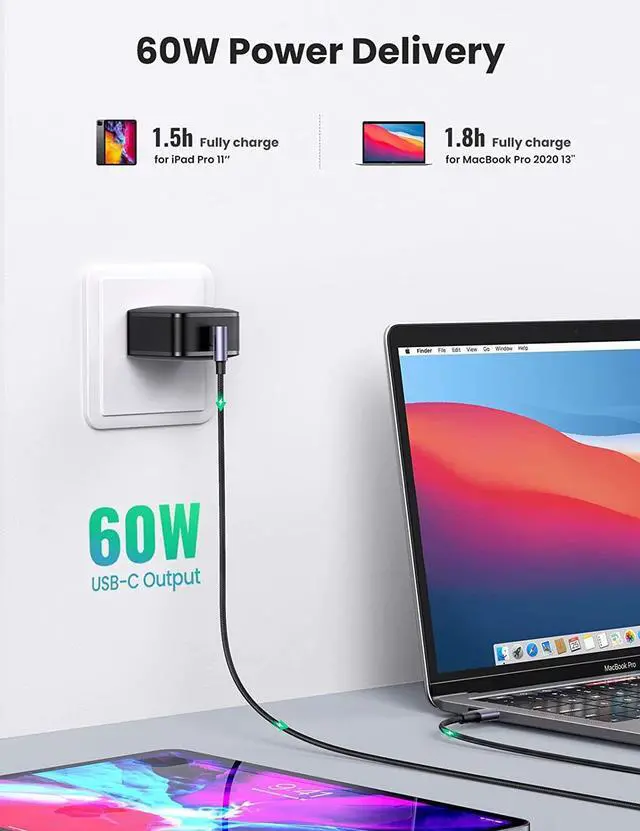 Alt view image 6 of 7 - UGREEN USB C to USB C Cable 60W, USB C Charger Cable Fast Charging Right Angle [2-Pack, 6ft], Compatible with MacBook Air/Pro, iPad Mini 6/Air 5/Pro, Samsung Galaxy S21, Google Pixel, Nintendo Switch