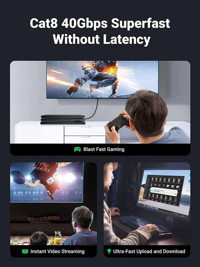 Alt view image 7 of 7 - UGREEN Cat 8 Ethernet Cable 15FT, High Speed Braided 40Gbps 2000Mhz Network Cord Cat8 RJ45 Shielded Indoor Heavy Duty LAN Cables Compatible for Gaming PC PS5 PS4 PS3 Xbox Modem Router 15FT